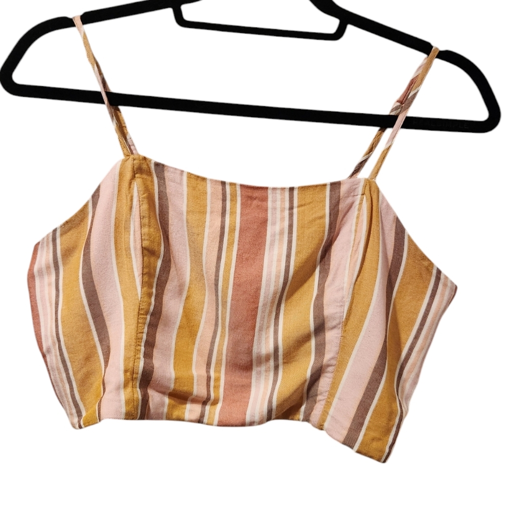 AMERICAN EAGLE rose and gold striped crop top with ruched back